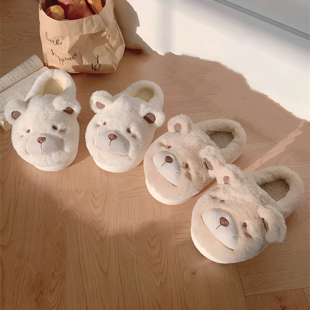 Cartoon cute plush slippers for women in khaki colour with a suede upper and round toe.