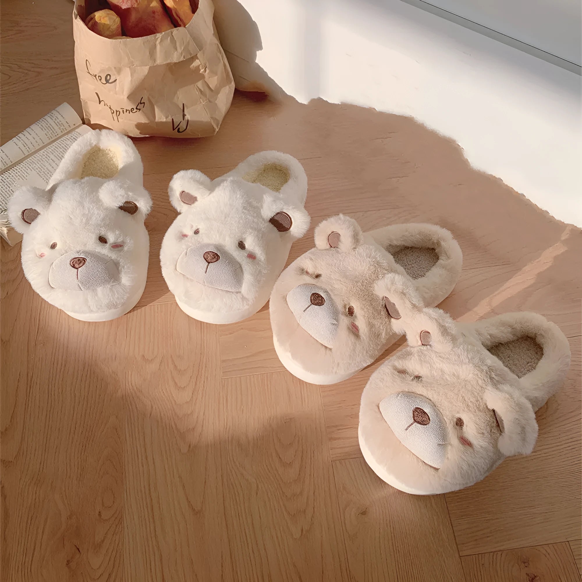 Cartoon cute plush slippers for women in khaki colour with a suede upper and round toe.