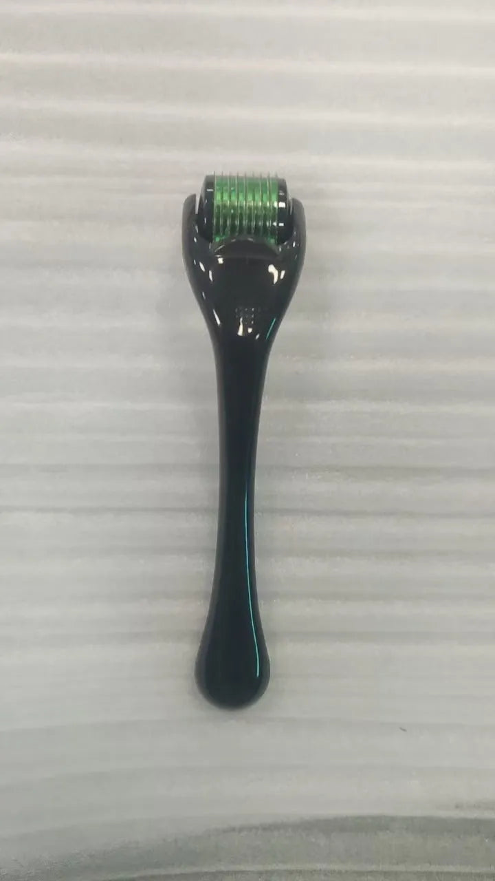 Professional mechanical micro needle derma roller showing colour variations and needle specifications