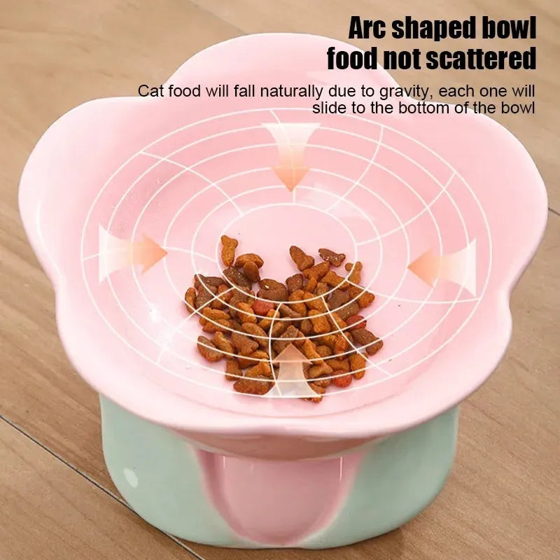 Pink floral patterned raised ceramic bowl for cat or small dog feeding on a non-slip base.