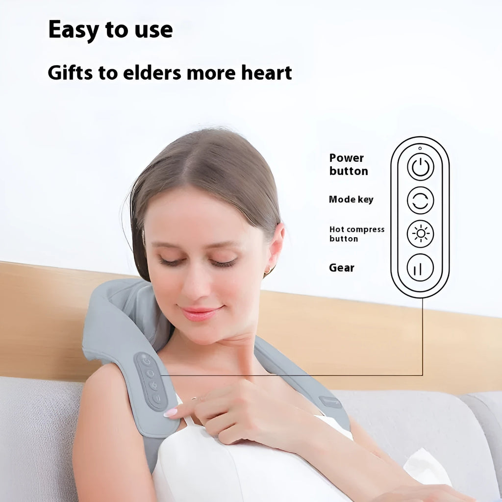 Grey elastic fabric USB-powered neck and back massager with infrared physiotherapy function
