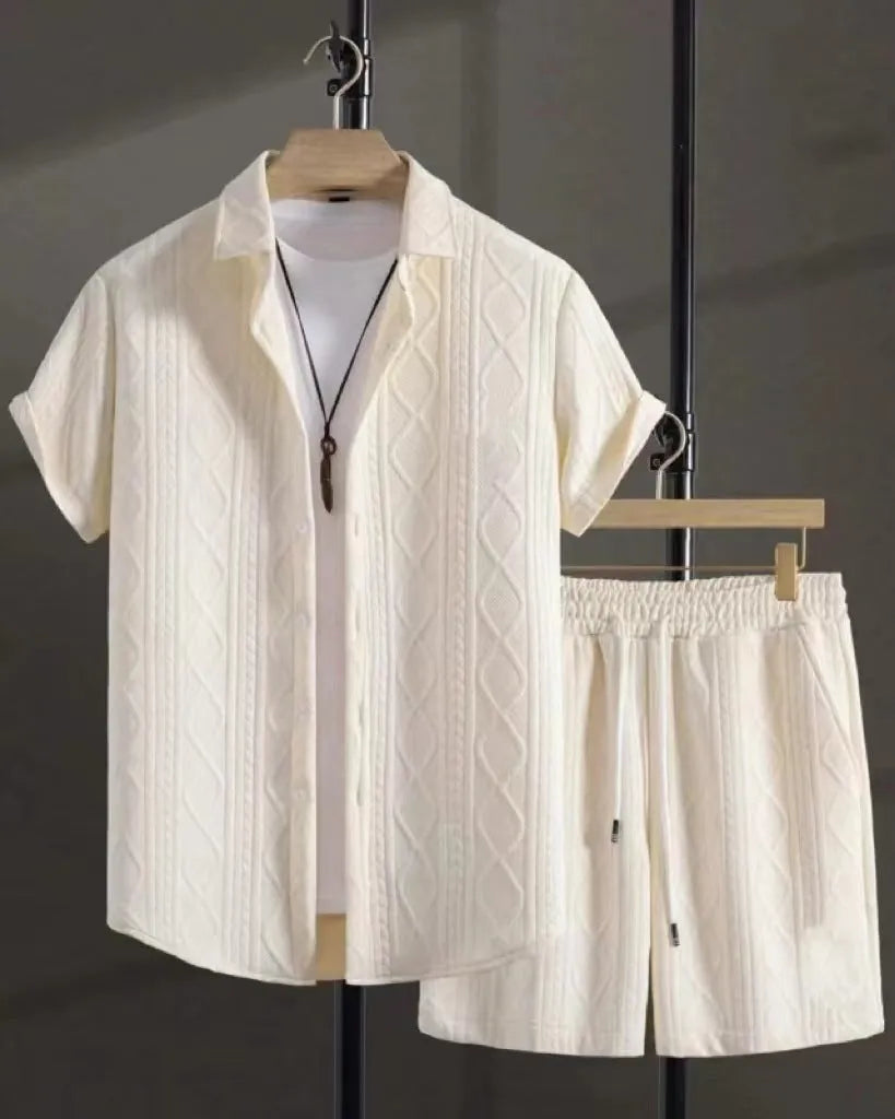 Jacquard fabric short-sleeve suit set with matching trousers in black, white, grey or beige