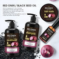 Red onion shampoo and conditioner four-piece set including large bottles and a hair mask tub