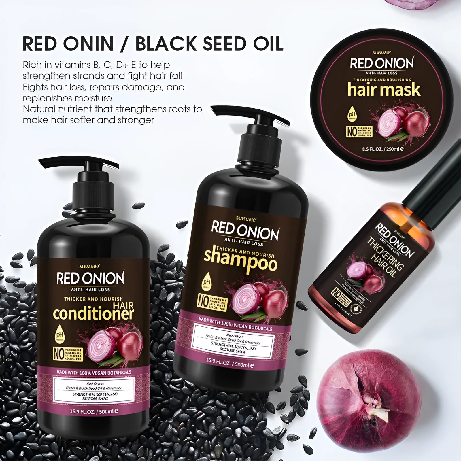 Red onion shampoo and conditioner four-piece set including large bottles and a hair mask tub