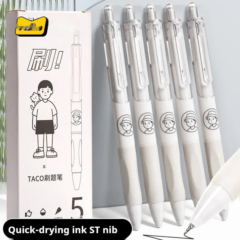 Five white plastic ballpoint pens with black trim and 0.5mm tips for student writing