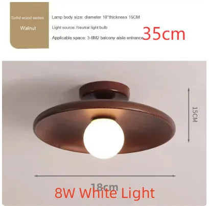 Japanese-style solid wood ceiling lamp in walnut finish with circular shade, 28cm diameter, mounted on ceiling