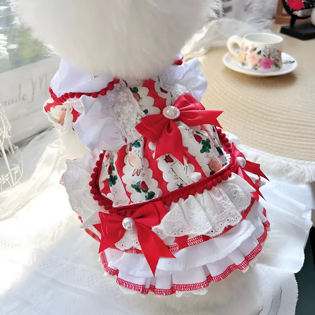 A small dog wearing a lightweight white and grey rabbit-themed princess skirt.