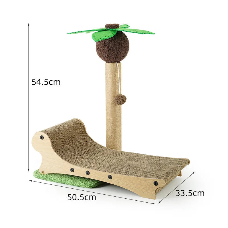 Wooden beach chair cat nest with integrated scratch board and climbing frame.