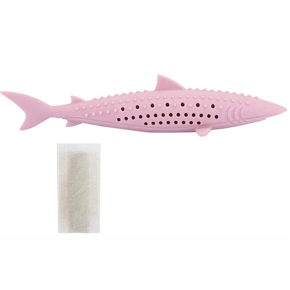 Green silicone fish-shaped chew toy for cats on a white background