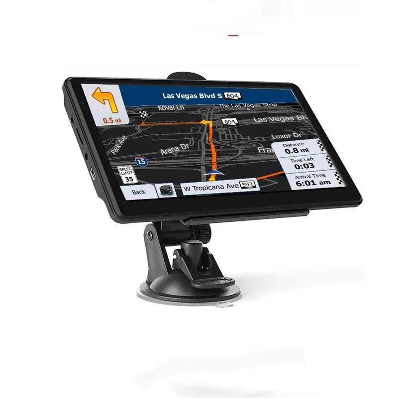7-inch portable car GPS navigation device on dashboard with map display