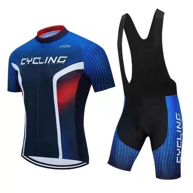 Cycling jersey and pants set in a colour-block style for summer mountain and road bike riding.