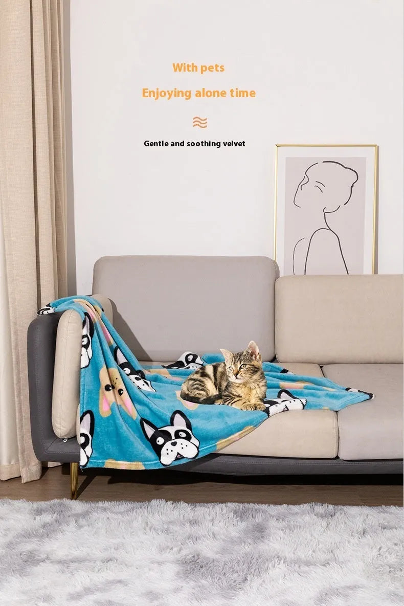 Double-sided thickened polyester dog blanket with cartoon anime pattern in blue dog colour