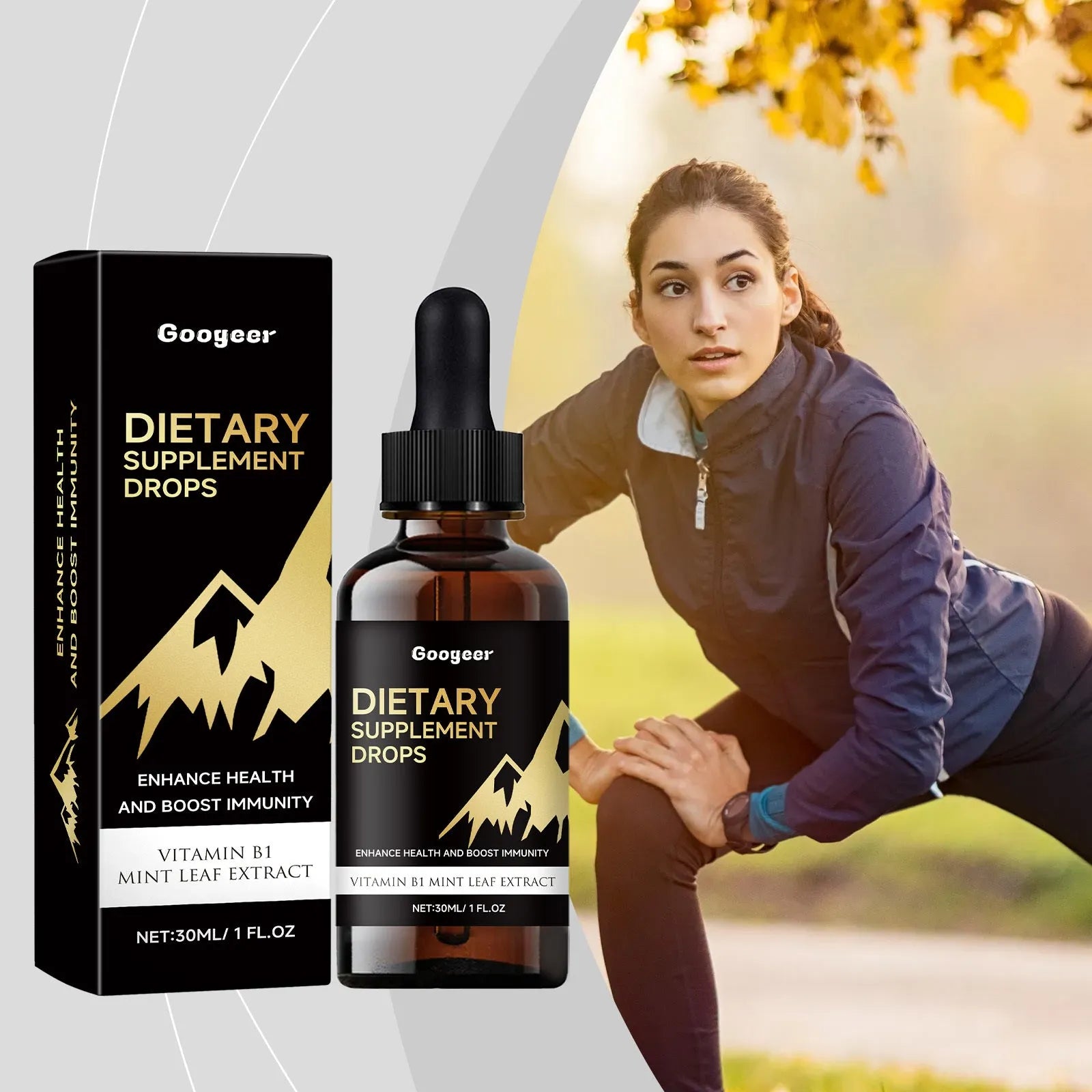 30ml amber glass bottle of Liquidex dietary supplement drops with a calibrated dropper on a white background.
