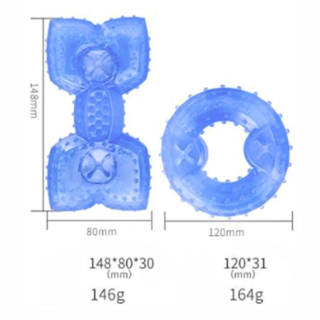 Freezable bone-shaped and circle-shaped dog cooling chew toys with treat pockets.