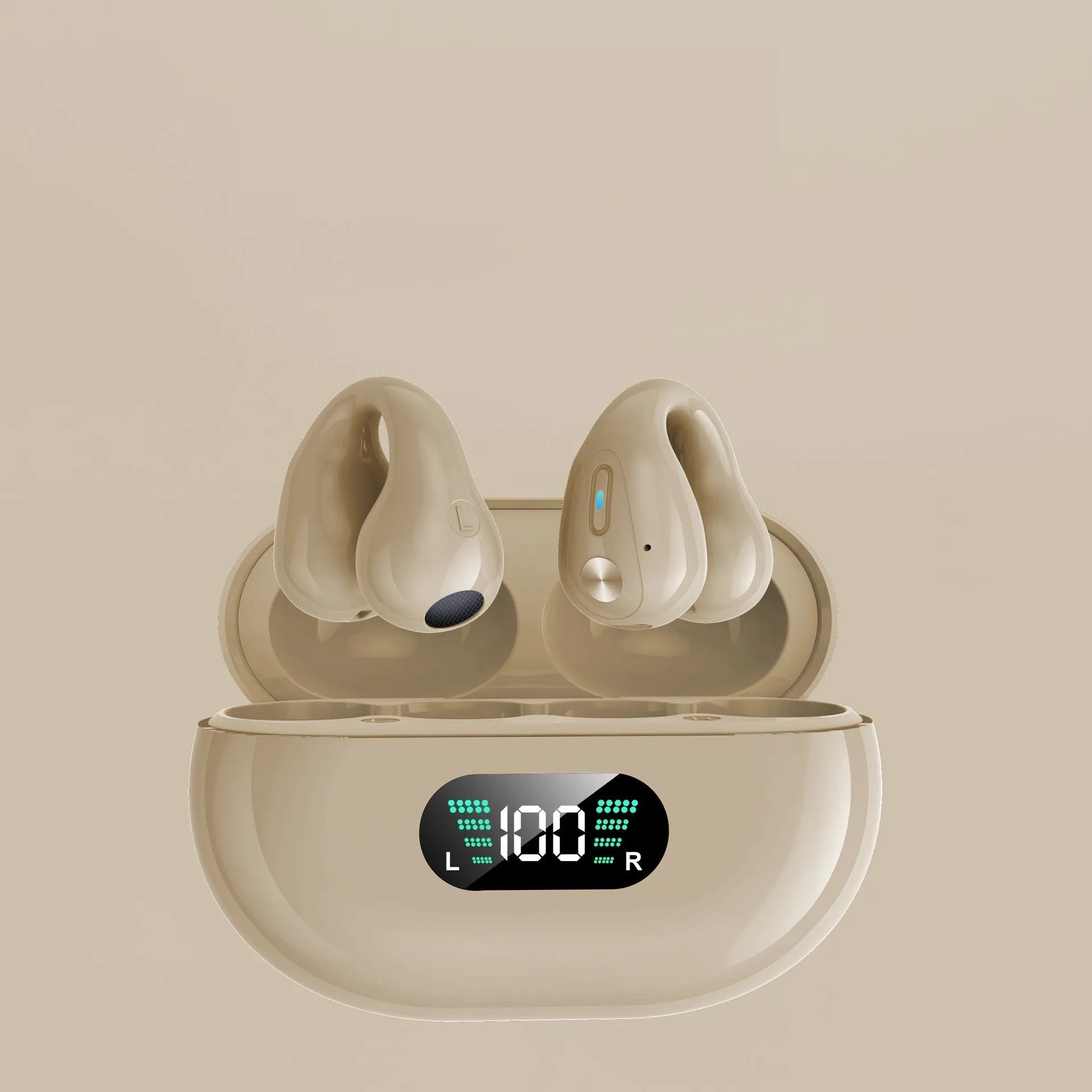 Black bone conduction Bluetooth headset clip showing ear clip design and charging cable