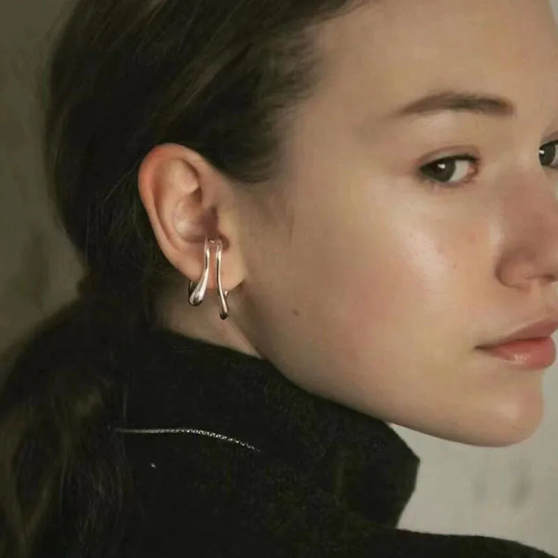 Double-layer geometric line copper ear clip earrings in gold and silver finish for women