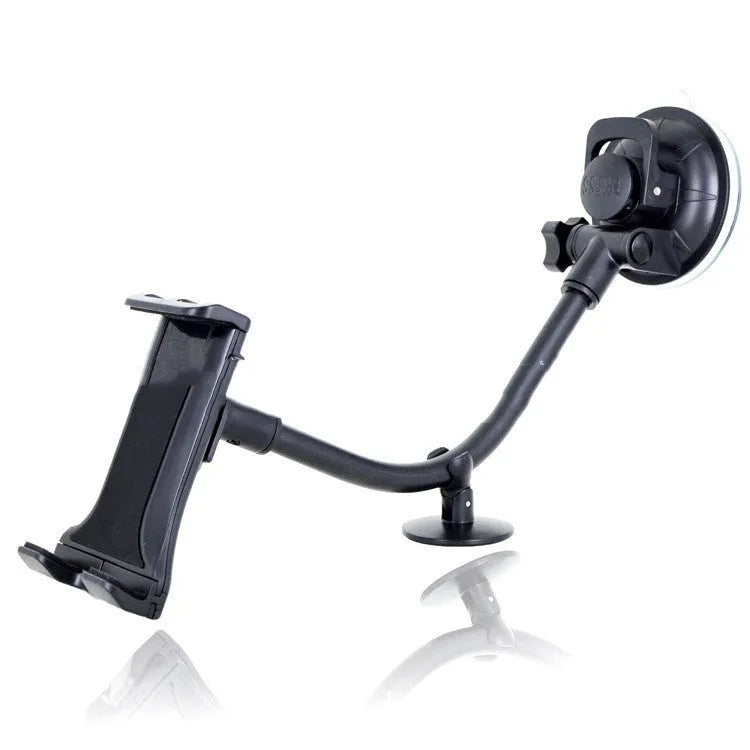 Black vehicle-mounted tablet holder with suction cup for 4-12 inch devices.