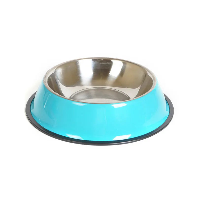 Stainless steel pet bowl with colourful melamine exterior and non-slip rubber base