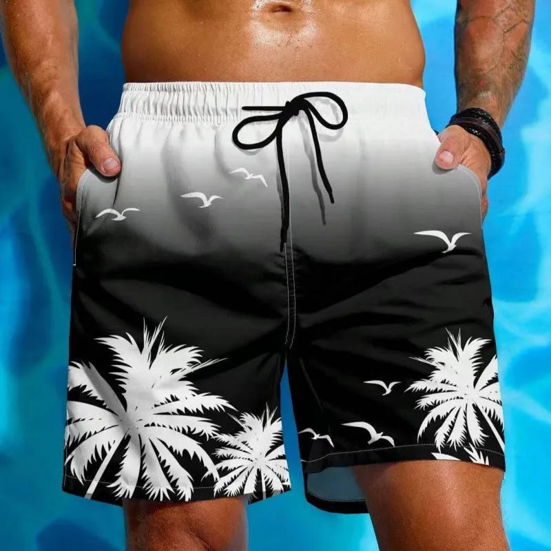 Men's loose board swimming trunks in an ethnic style, made from blue polyester fabric, shown on a size chart.