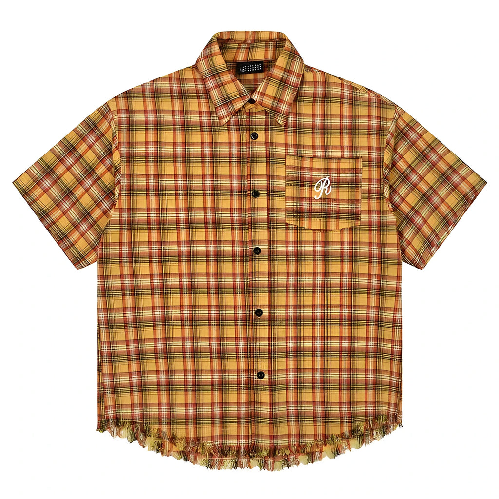 Yellow and white grid pattern short sleeve shirt with loose fit and embroidered chest pocket.