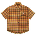 Yellow and white grid pattern short sleeve shirt with loose fit and embroidered chest pocket.