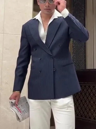 Men's striped double-breasted polyester blazer showing regular fit and traditional styling