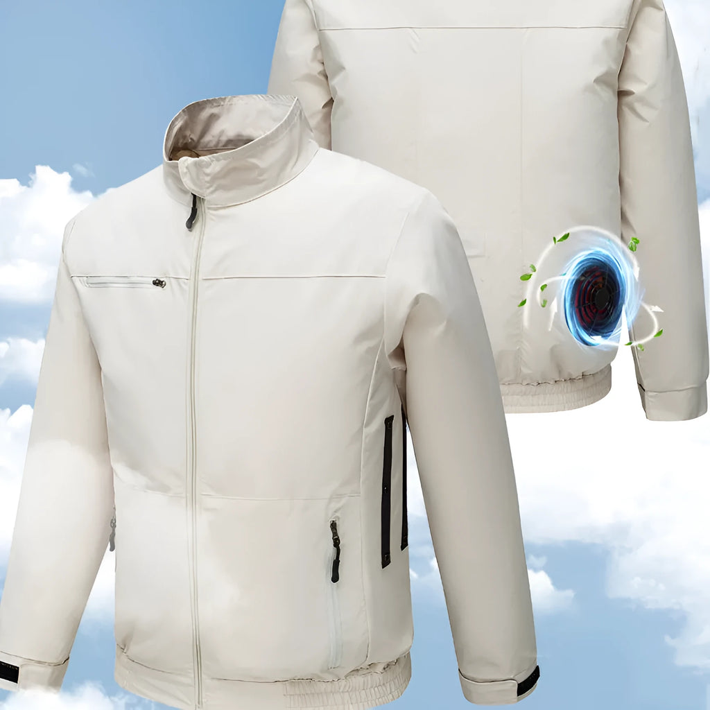 Black smart cooling work jacket with multiple ventilation holes for a personal fan unit.