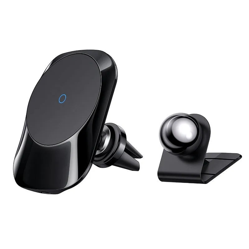 Black magnetic car wireless charging pad with air vent clip mount next to white model on centre console base.