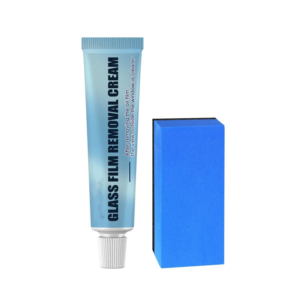 Blue car glass oil film remover tool with soft sponge applicator for windshield and window cleaning.