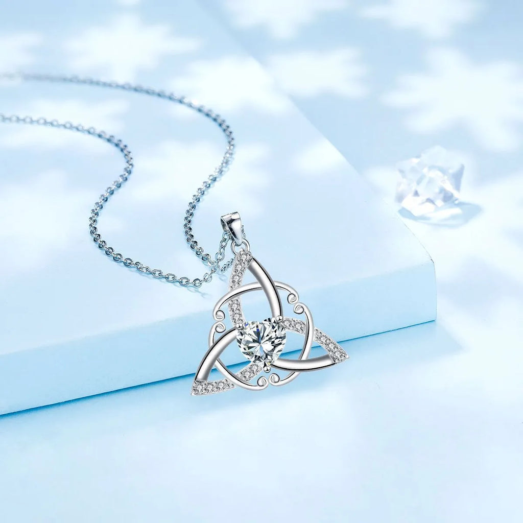 Women's Celtic knot geometric pendant necklace in copper with a choice of coloured electroplated finishes.