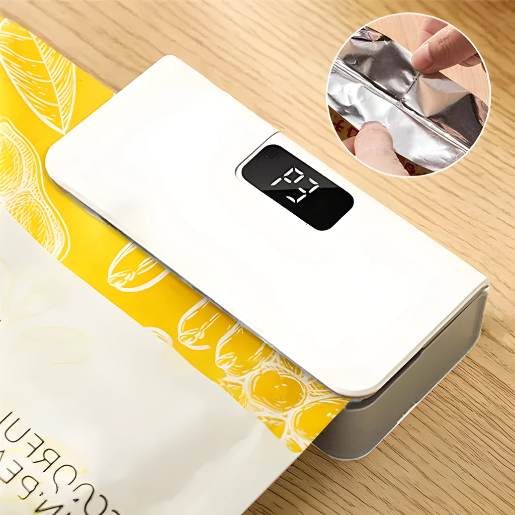 Blue and white portable mini heat sealing machine for plastic snack bags.