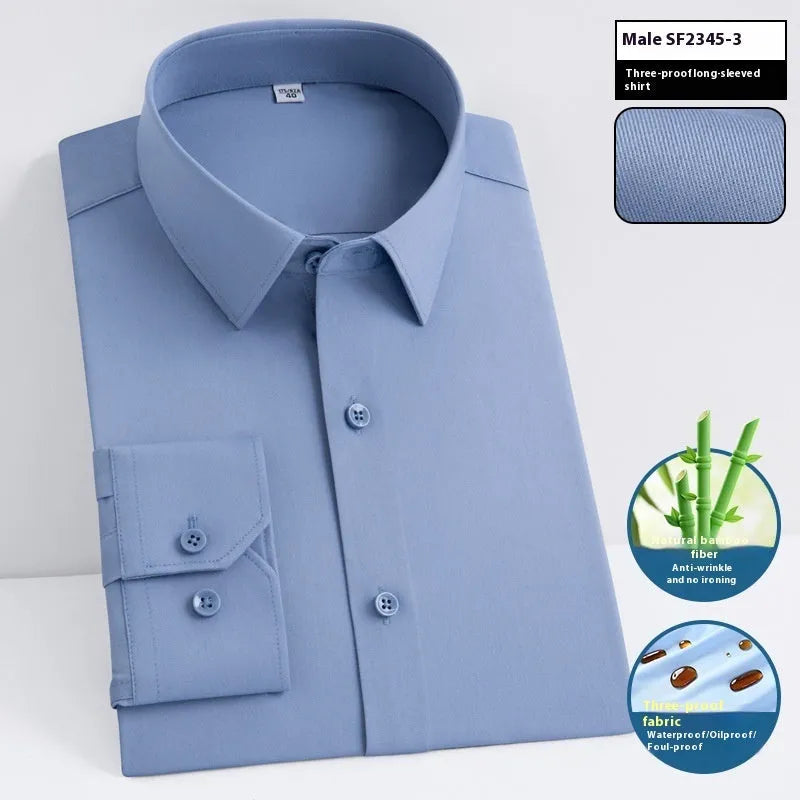 Men's waterproof business shirt in bamboo fibre with slim fit and square collar