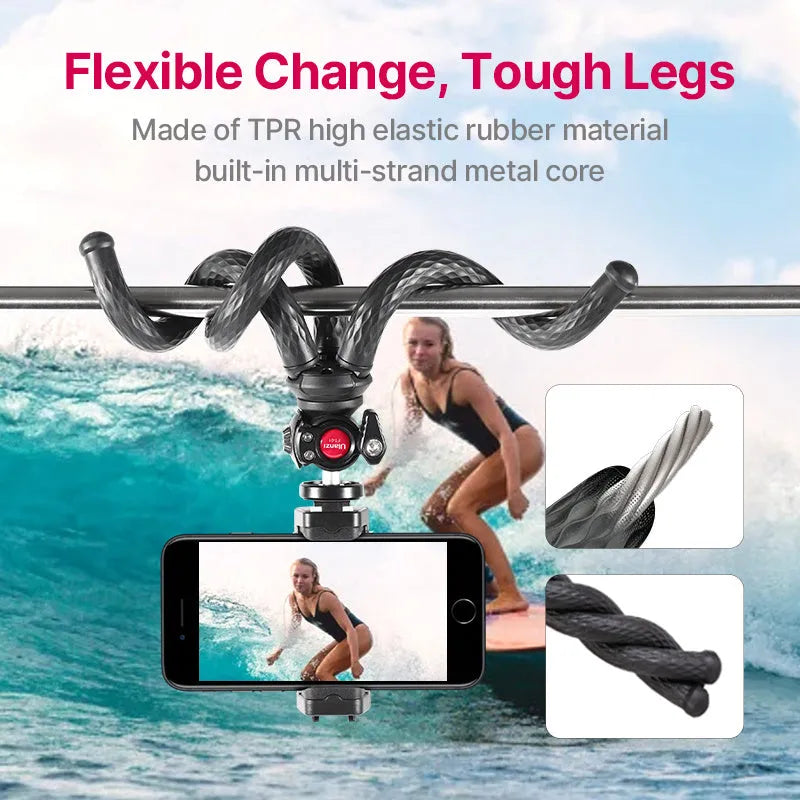 Black octopus-leg mobile phone tripod set with extended aluminium centre column and attached phone clip.