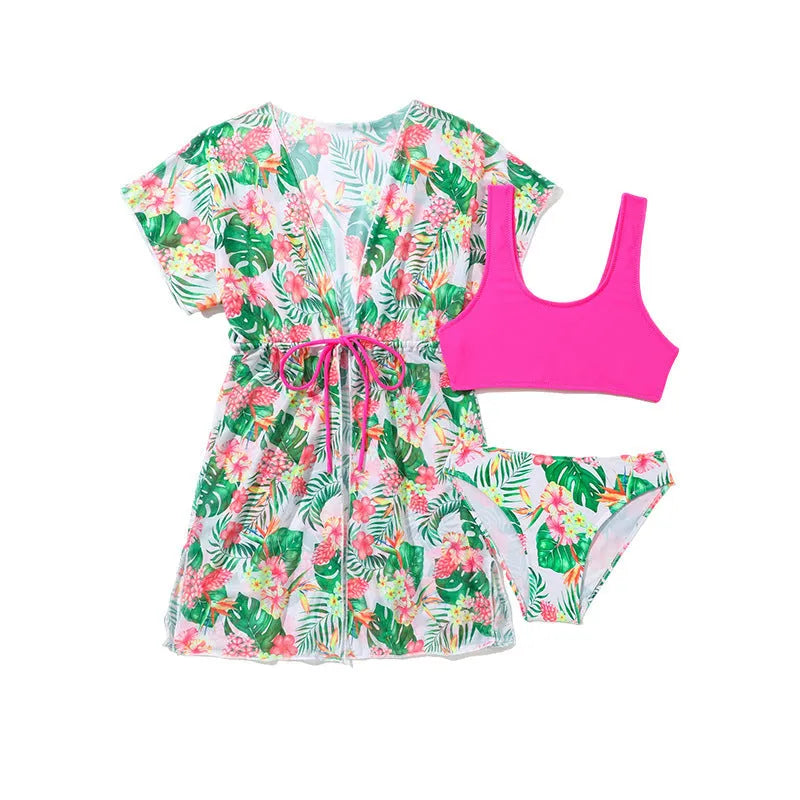 Girls' two-piece swimsuit with Korean floral patterns and briefs design in polyester fabric