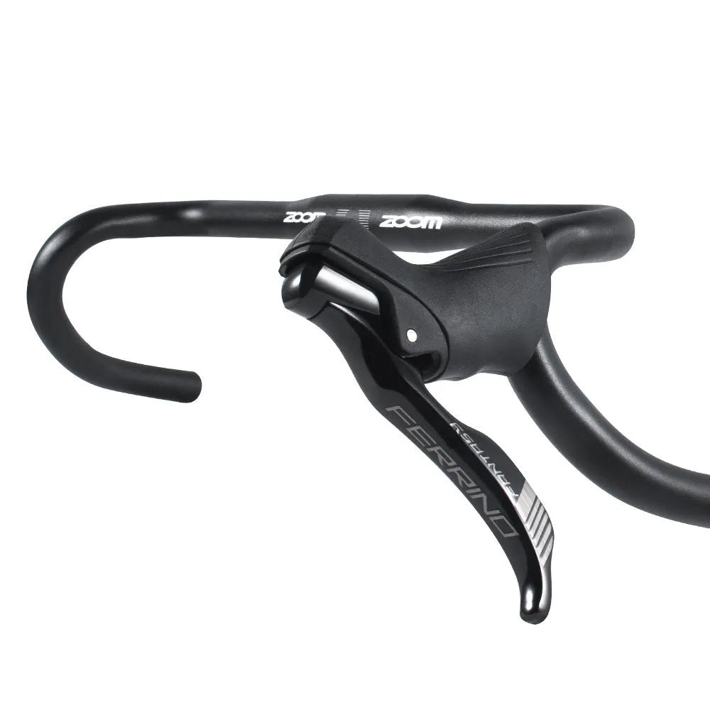 Black aluminium alloy road bike bent handlebar, 420mm wide with 31.8mm clamp.