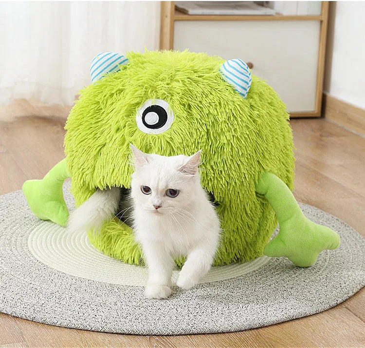 Fluffy round cat bed with non-slip base shown in three size options