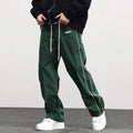 Men's loose fit polyester cargo trousers with side pockets in black, navy blue, and dark green