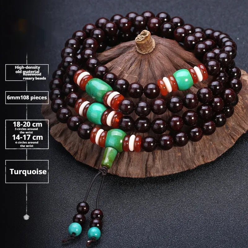 Men's traditional rosewood bracelet with 108 beads, showing lapis lazuli and turquoise accent styles.