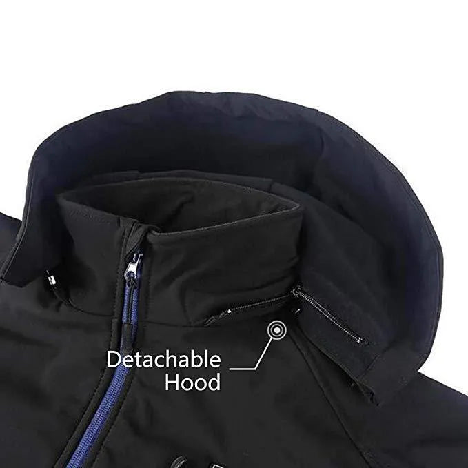 Black USB winter thermal coat for men with zipper pockets and straight hem design