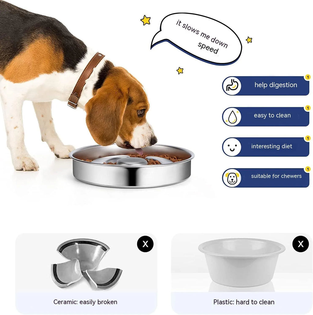 Stainless steel slow feeding bowl with neck protector for dogs and cats in cowhide box