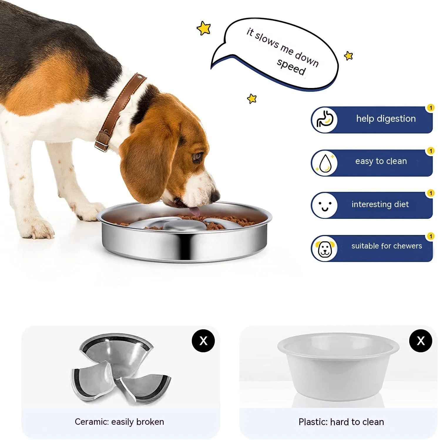 Stainless steel slow feeding bowl with neck protector for dogs and cats in cowhide box