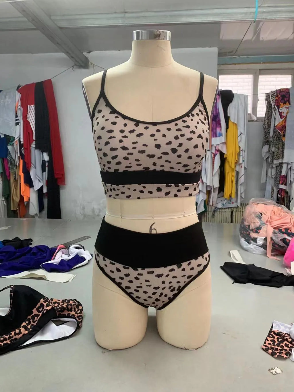 Women's high waist split bikini swimsuit in white and leopard print options