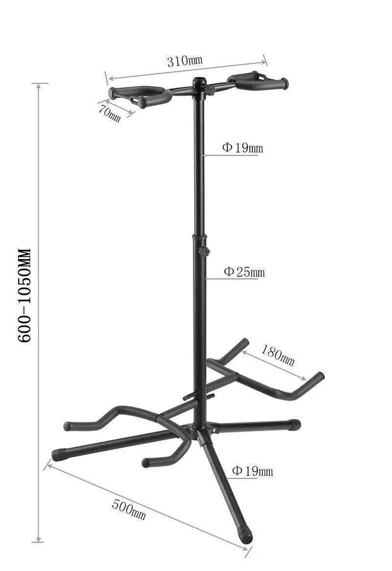 Vertical black iron double-headed adjustable guitar stand holding two guitars