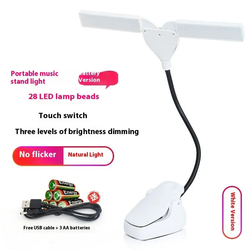 Rechargeable music stand light with 28 LED bulbs in black, pink or white plastic housing