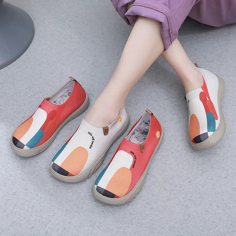 Women's hand-painted casual shoes with soft Flyknit upper, flat heel, round toe, in Milky White colour
