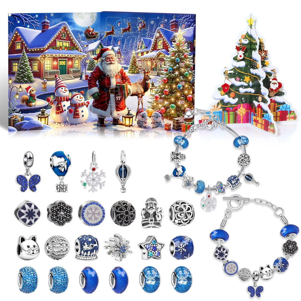 24 grid Christmas advent calendar countdown set with zinc alloy frame electroplated finish and bracelet blind box in flip vertical blue