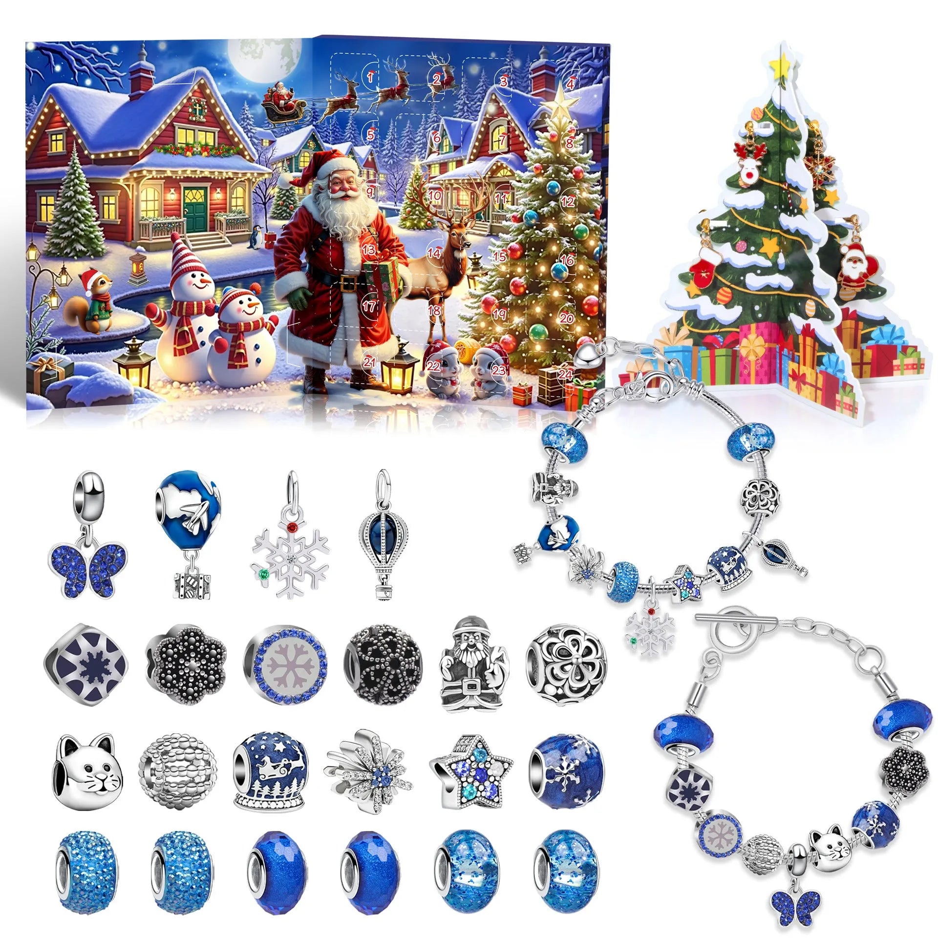 24 grid Christmas advent calendar countdown set with zinc alloy frame electroplated finish and bracelet blind box in flip vertical blue