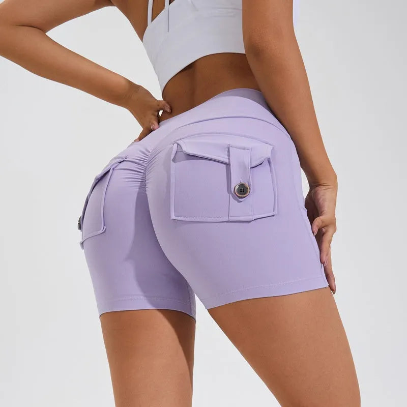 Women's high waist hip lifting shorts with side pockets in quick-dry nylon fabric