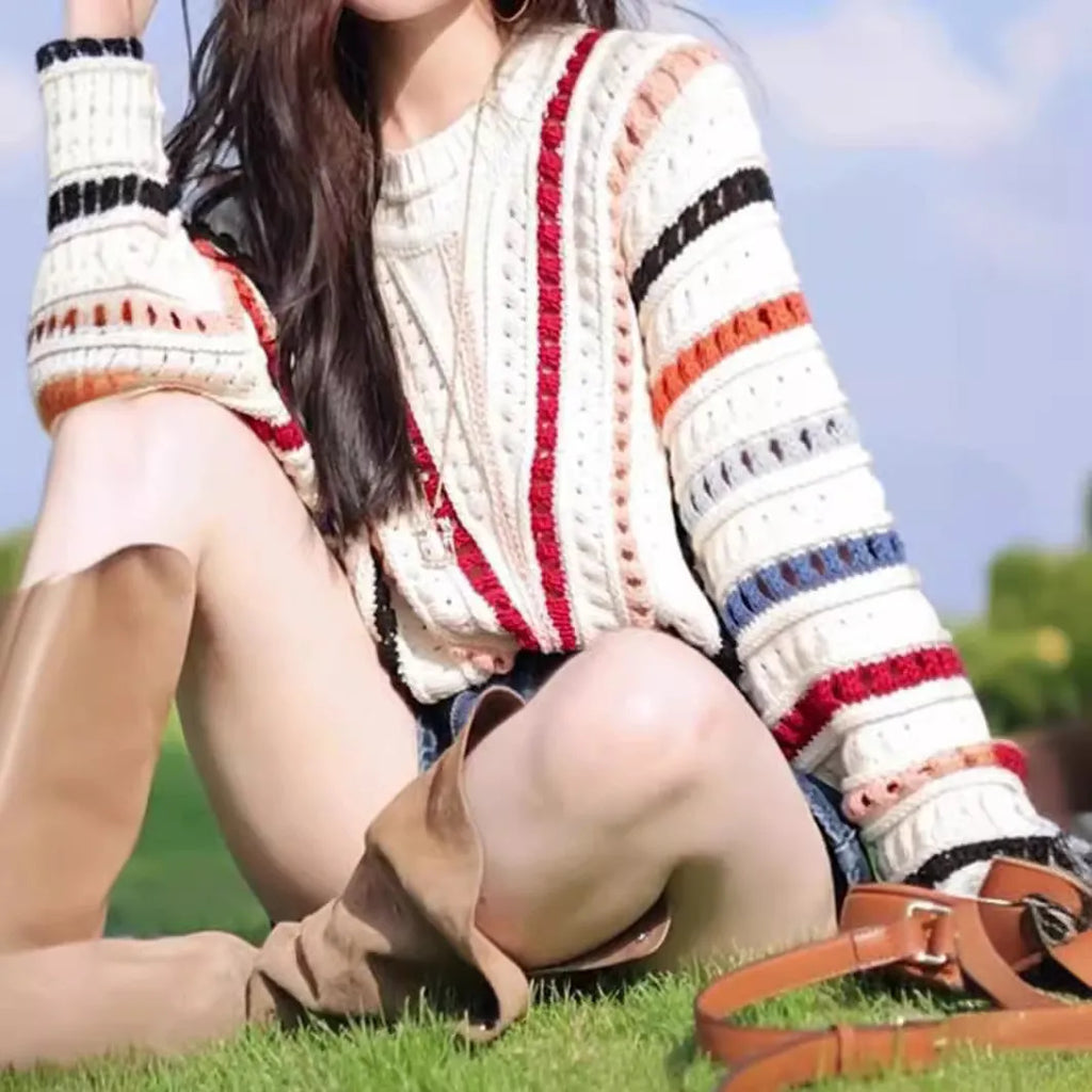 Rainbow striped hollow knit jumper with batwing sleeves and round neck