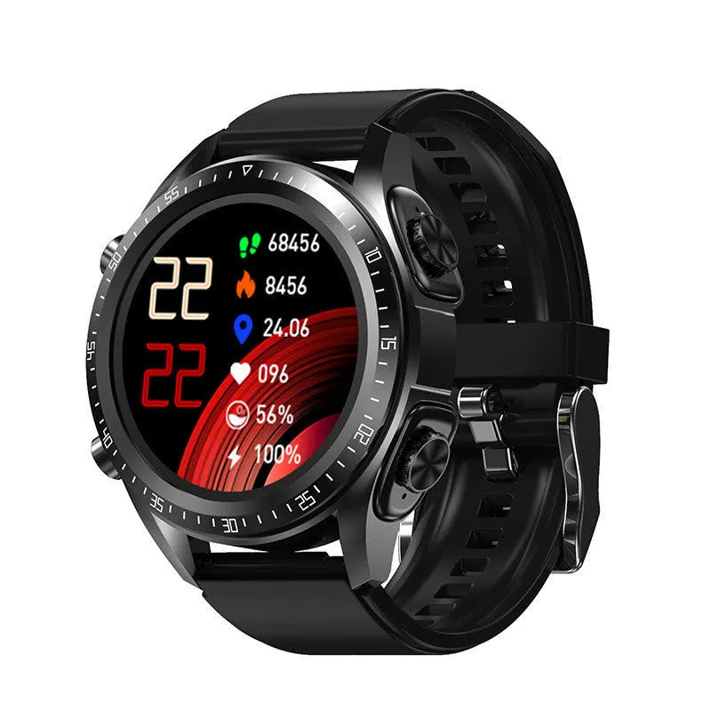 Black smartwatch with blood pressure monitoring on a silicone strap, showing a 1.28-inch display.